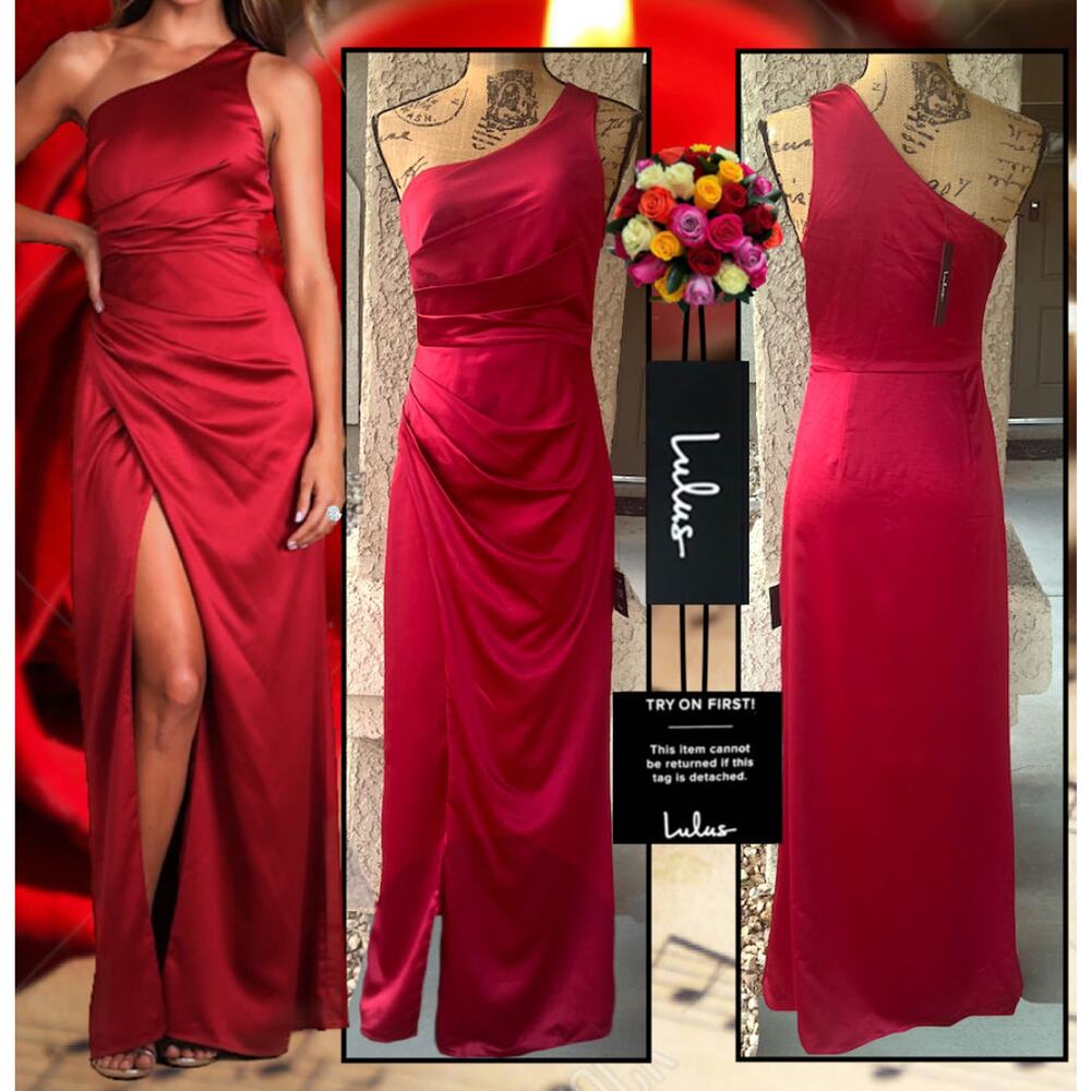 Lulus Wine Red Satin One-Shoulder Dreaming of Elegance Maxi Dress Size XL